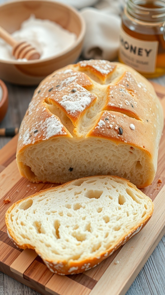 A golden crusted loaf of homemade bread on a wooden board, with slices showing a soft interior.